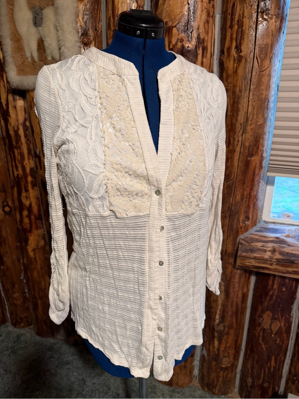 Daytrip Cream Lace-Accent Button Down Blouse